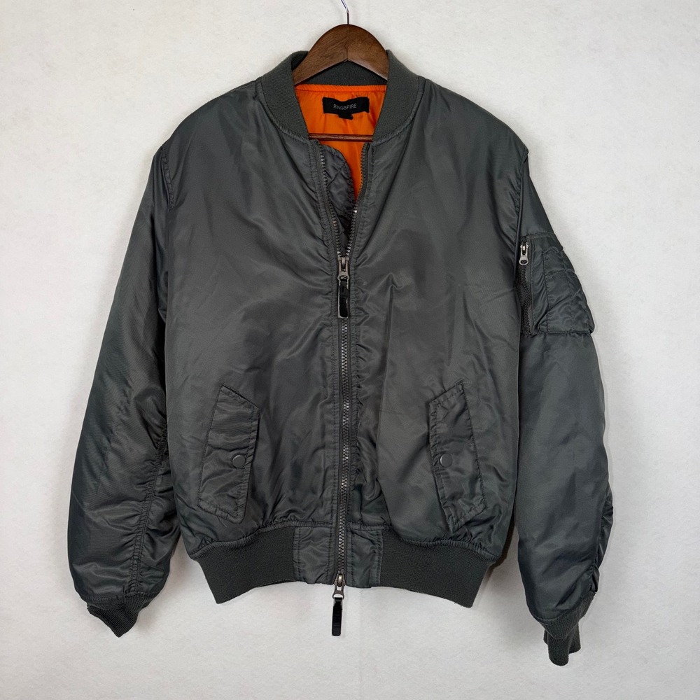 Ring of Fire Bomber Jacket Mens Medium Grey MA-1 Flight Jacket Orange Utility